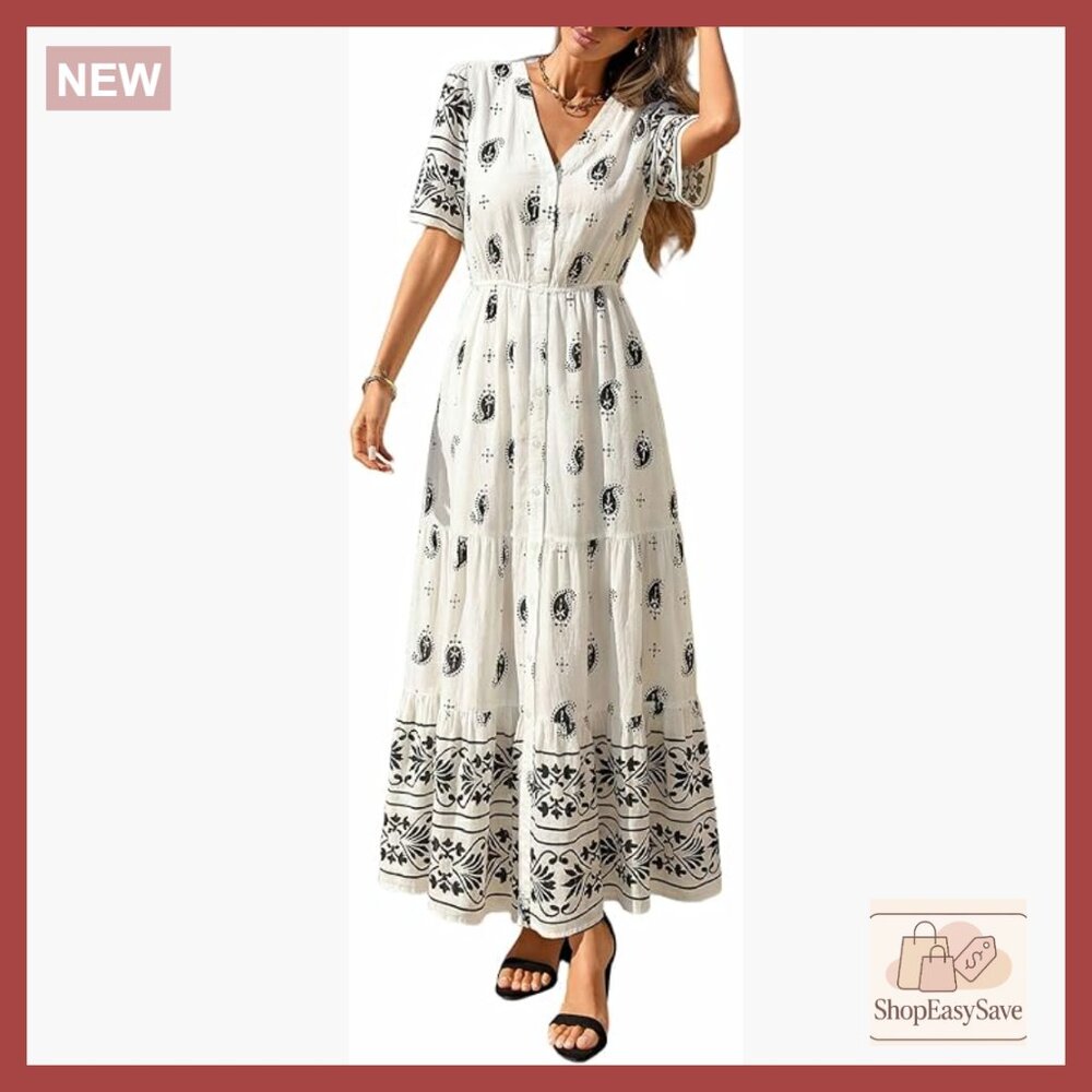 Boho Maxi Dress Flowy Short Sleeve V Neck Summer Beach Floral with Pockets